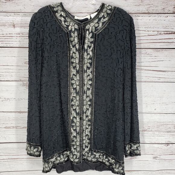 Night Vogue 100%Silk Black Beaded Silver Sequins Long Evening Top Size M - Picture 1 of 12